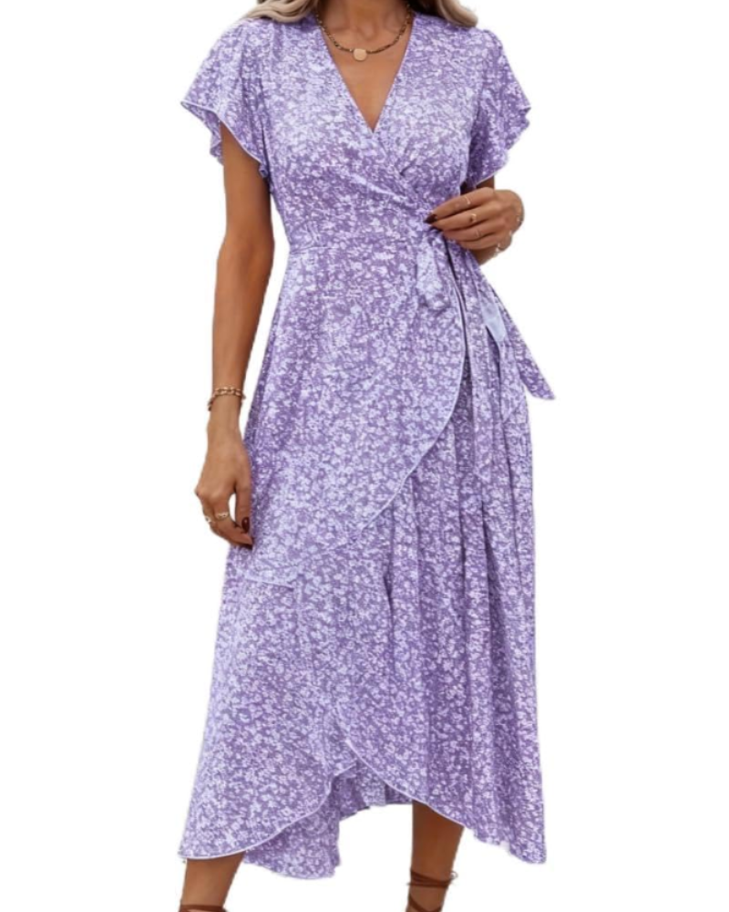 Celeste Robe Midi Fleurie Femme – Robe Col V Taille Empire avec Ceinture