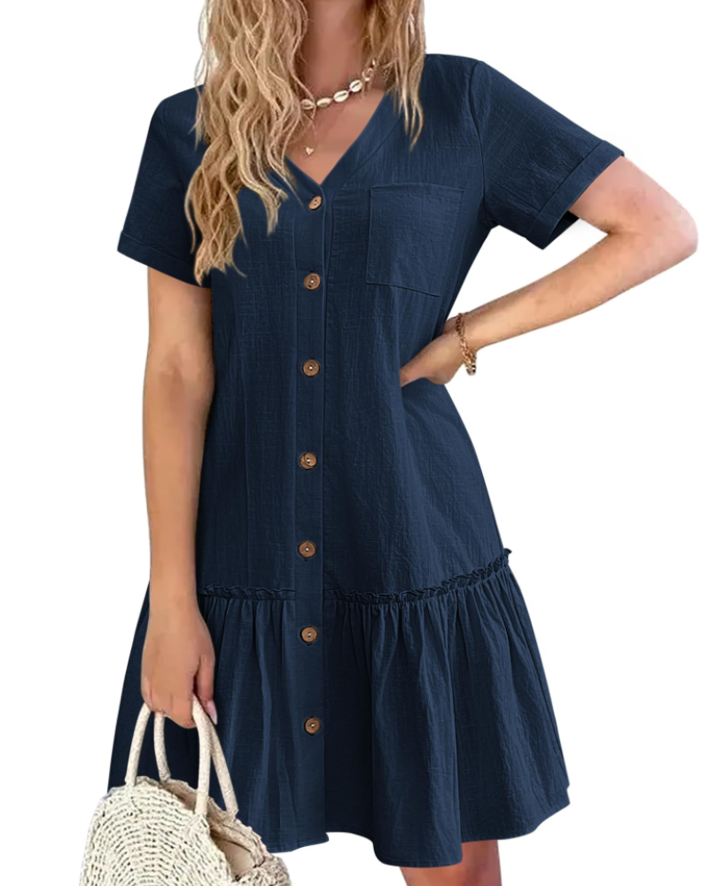 Claudia Robe Coton Lin Femme – Robe Col V Boutons Bois avec Jupe Plissée