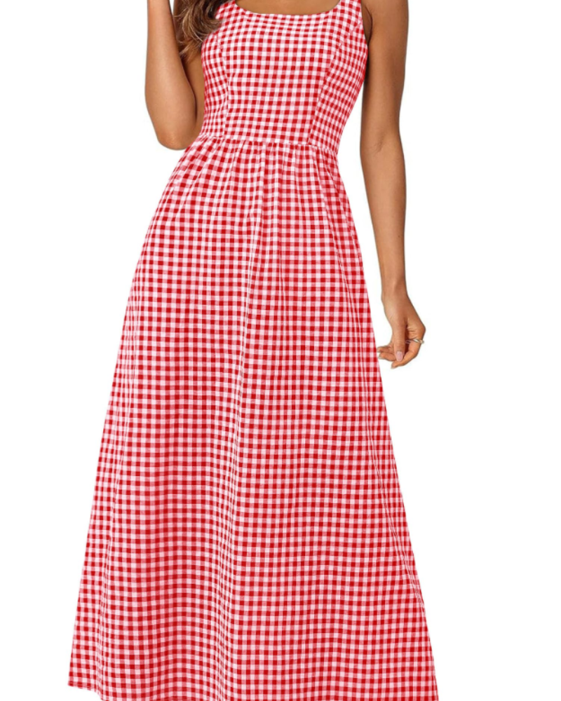 Opely Robe Maxi Femme Carreaux – Col Carré Bretelles & Taille Smockée