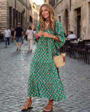 Amélie Maxi Boho Šaty pro Ženy – Dlouhé Lehoučké Šaty s Výstřihem do V a Geometrickým Vzorem