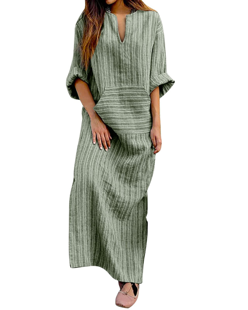 Noelle Maxikleid für Damen – Gestreifter Baumwoll-Leinenstoff, Langarm, Große Größen