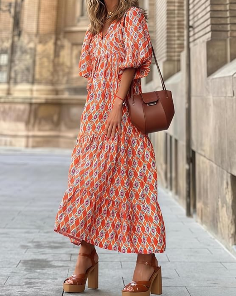 Rina Šaty Boho Femme – Květinový Vzor, Výstřih do V a Lehká Nabíraná Letní Rukávová
