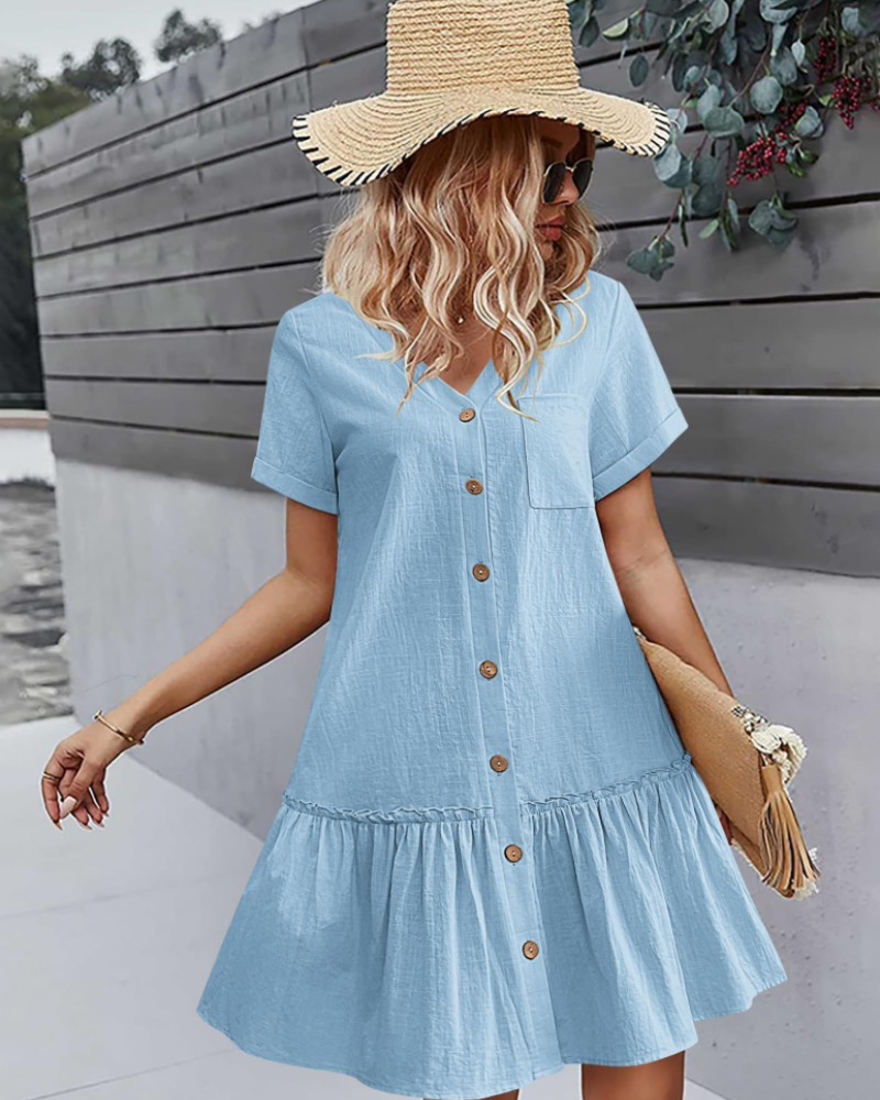 Claudia Robe Coton Lin Femme – Robe Col V Boutons Bois avec Jupe Plissée