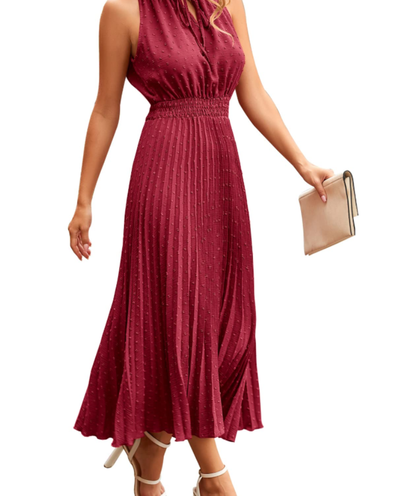 Ovie Robe Midi Femme Été – Col V Plumetis Volants Sans Manches