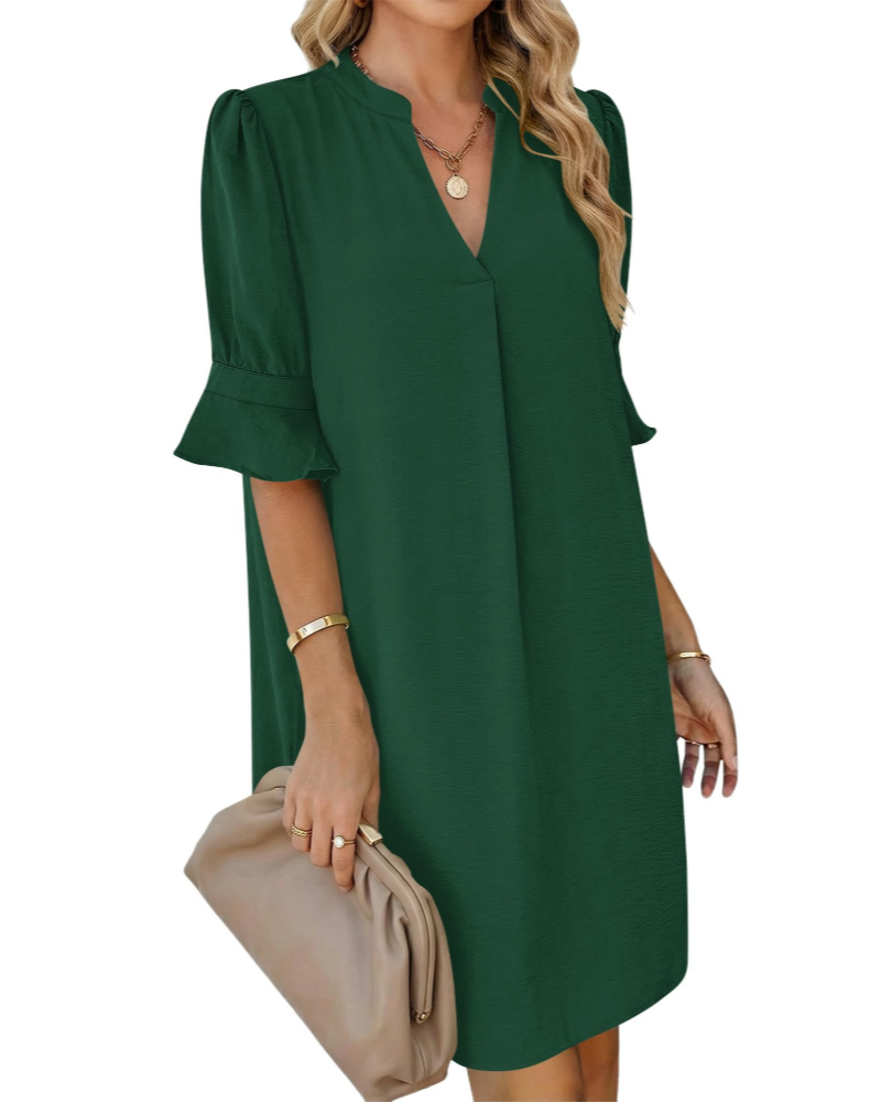 Vestido Ronella para mujer – vestido de verano con cuello en V, corte evasé, bolsillos y mangas con volantes