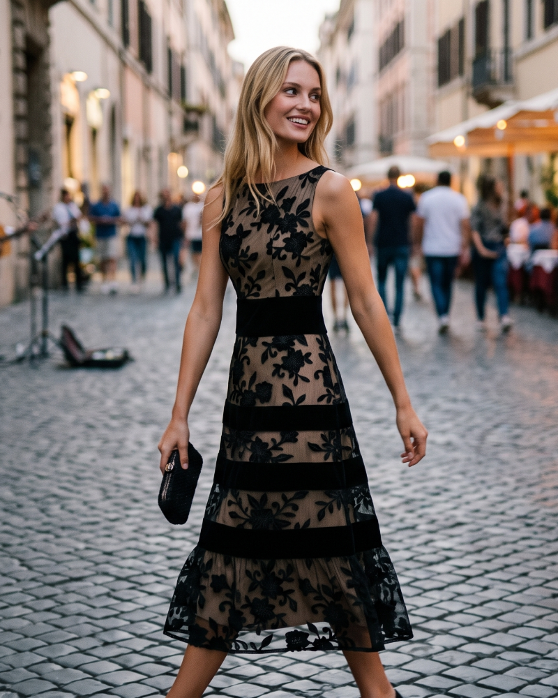 Rochie Kendall Cocktail pentru Femei – Rochie Midi cu Guler Bateau și Flori 3D, Croială Cloș Elegantă
