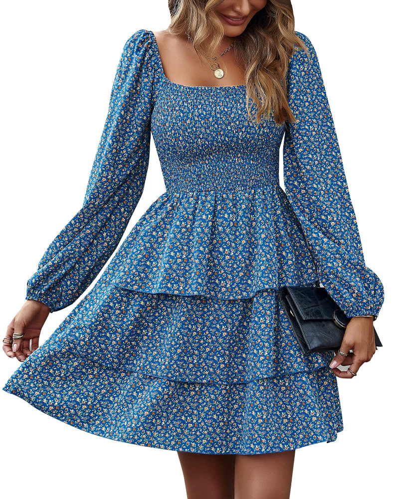 Vestito Bohemien Hazel da Donna – Vestito Corto Floreale con Collo Quadrato e Vita Arricciata
