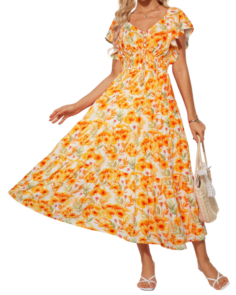 Brianna Maxikleid für Damen – Florales Muster, V-Ausschnitt, eckiger Kragen, Volants & Taschen