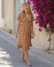 Apolline Robe Midi Femme Bohème – Robe Cache-Cœur Imprimée à Manches Courtes avec Taille Nouée