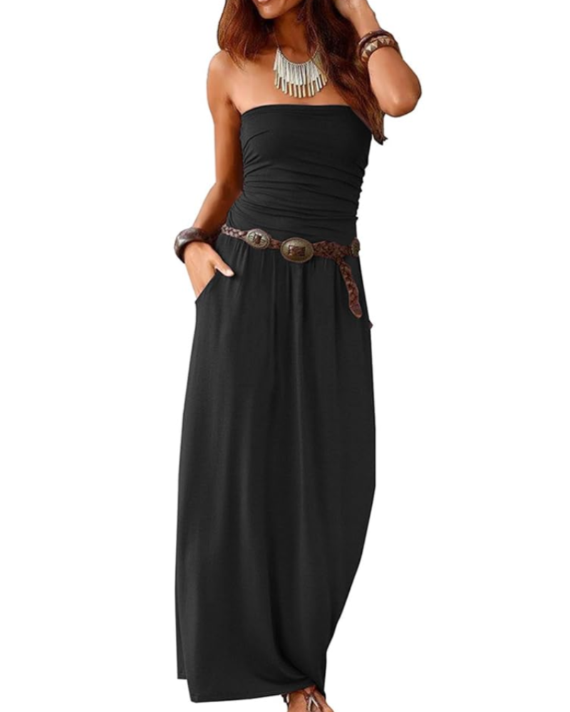 Taylor Maxikleid Damen Sommer – Einfarbiges Boho-Bustier mit Taschen