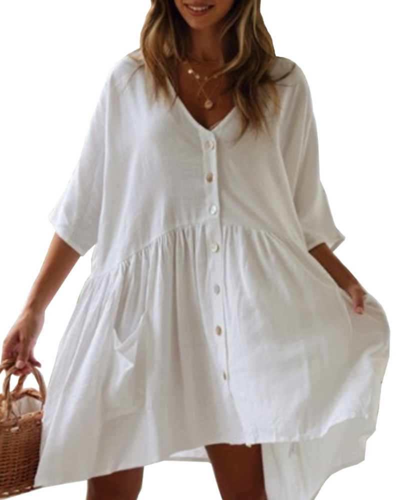 Blythe Dame Strandkjole – Oversized V-hals Kjole med Lommet i Rayon