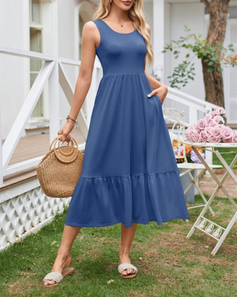 Cara Robe Maxi Femme Été – Sans Manches Col Rond & Poches