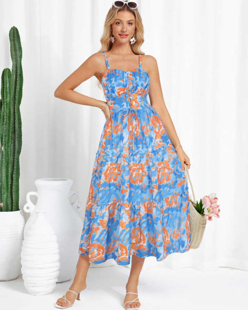 Kayla Robe Midi Femme Été – Florale Bretelles Réglables & Poches