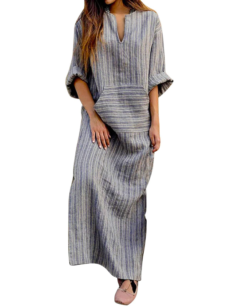 Noelle Maxikleid für Damen – Gestreifter Baumwoll-Leinenstoff, Langarm, Große Größen