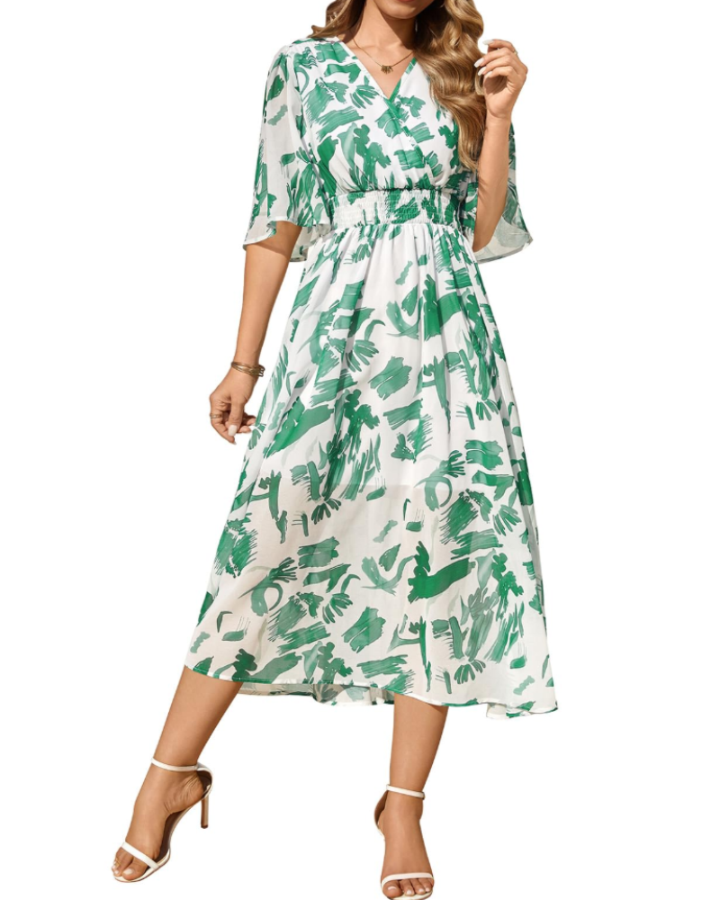 Delilah Robe Bohème Femme – Robe Longue Fleurie Col V Taille Élastique & Manches Cloche