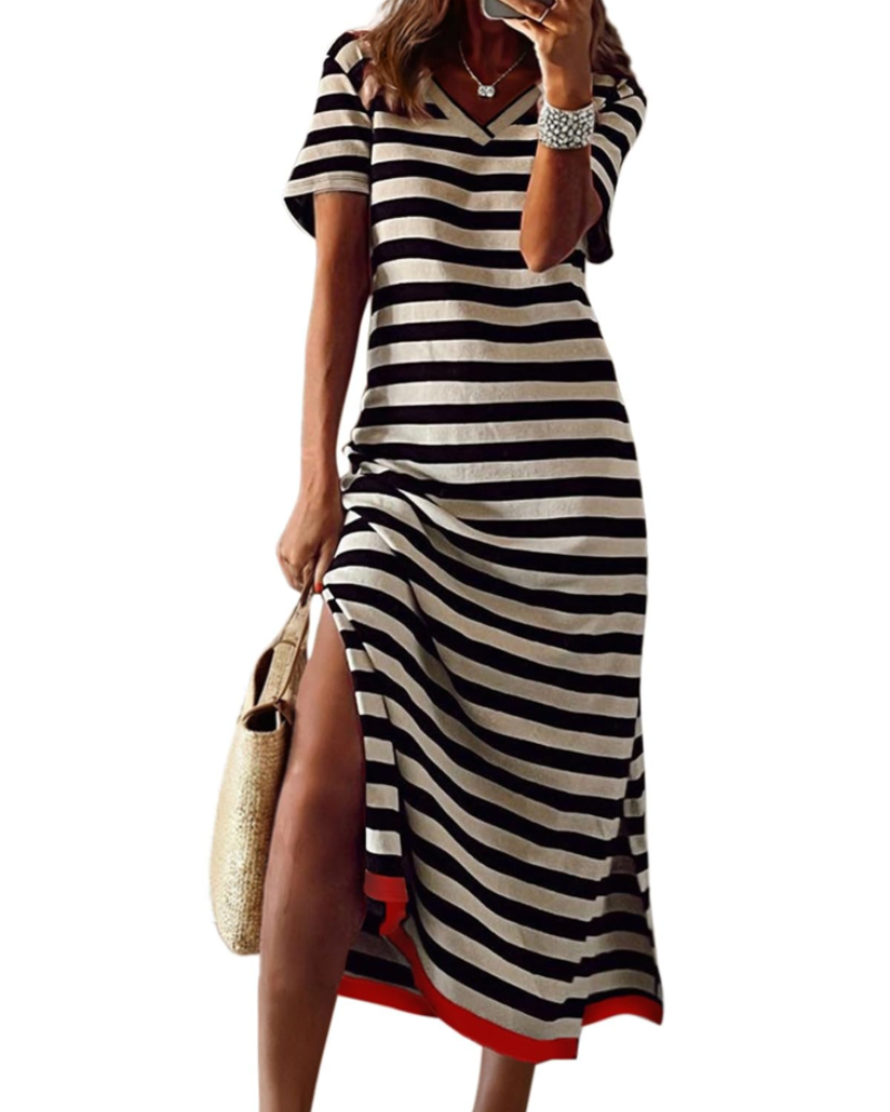 Herbst Maxikleid Damen Gestreift – Langes Freizeitkleid mit kurzen Ärmeln im Color-Block-Design