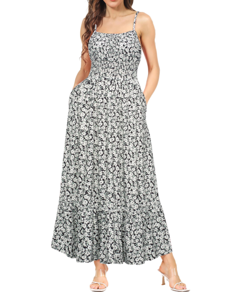 Vestido Maxi Piper para Mulher – Floral Plissado com Alças Finas Ajustáveis