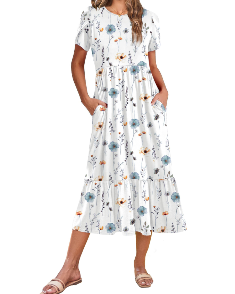 Emily Midikleid für Damen mit Volants – Sommerkleid mit ausgestelltem Schnitt, hoher Taille und Taschen