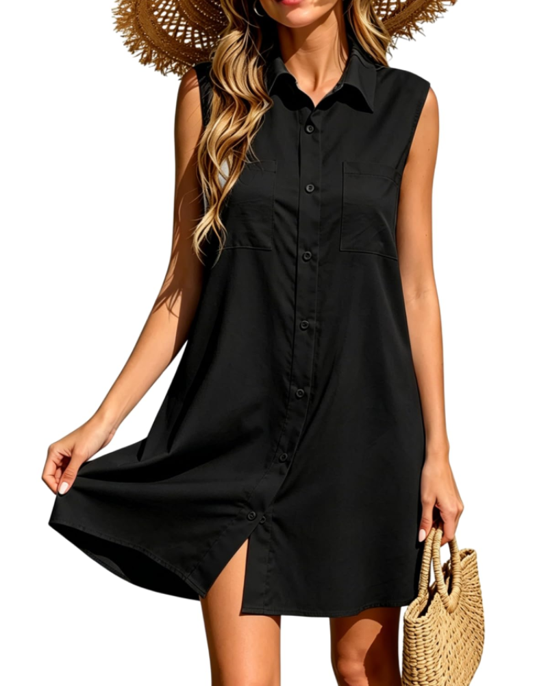 Georgia Robe Midi Femme Été – Col V Sans Manches Boutonnée