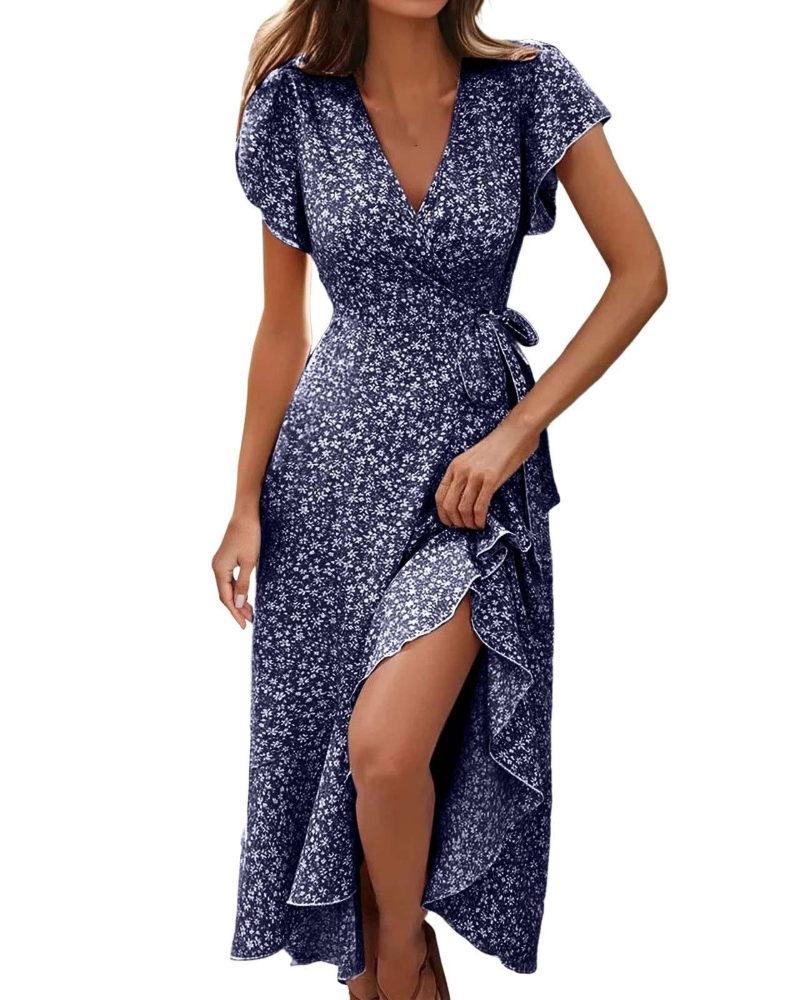Celeste Robe Midi Fleurie Femme – Robe Col V Taille Empire avec Ceinture