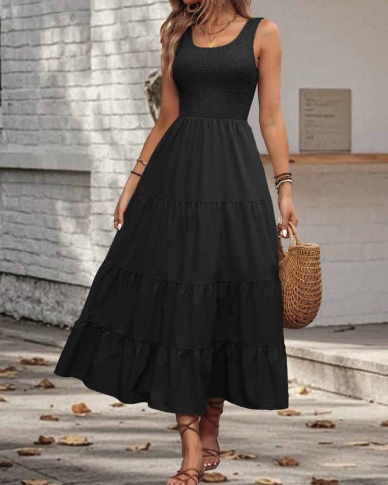 Scarlett Robe Midi Femme – Robe Sans Manches Col Carré à Volants Élégante