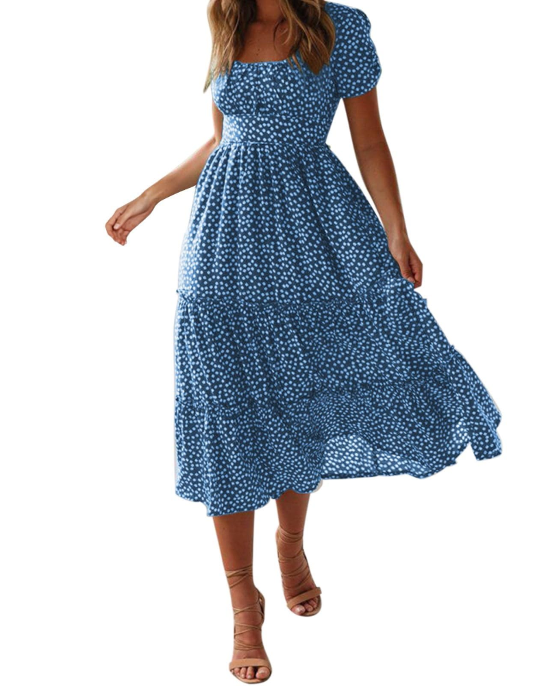 Aria Robe Midi Femme Été – Fleurie Col Carré Manches Volantées