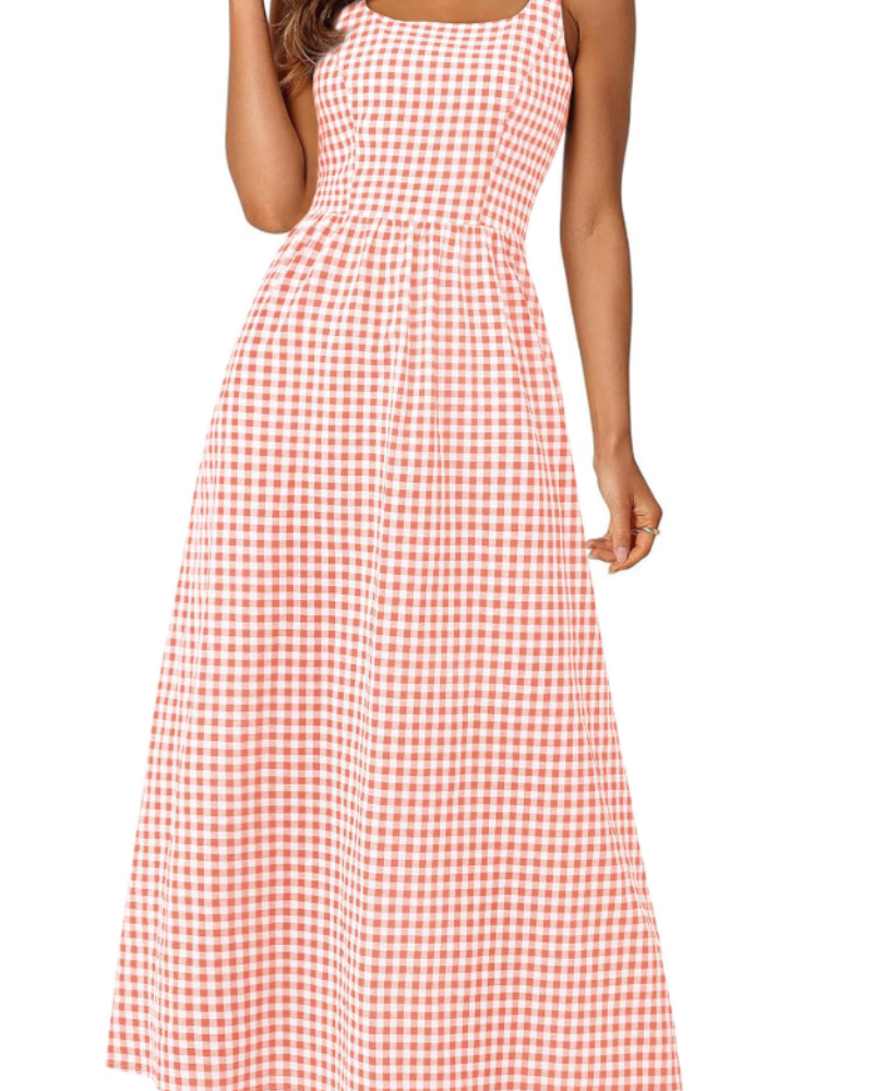 Opely Robe Maxi Femme Carreaux – Col Carré Bretelles & Taille Smockée