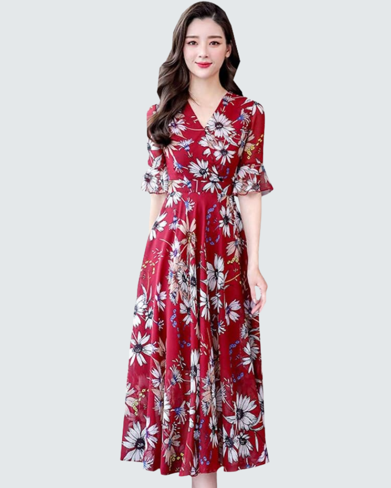 Carmelle Robe Femme Maxi – Col V, Coupe A-Line Fluide, Mousseline Élégante Été