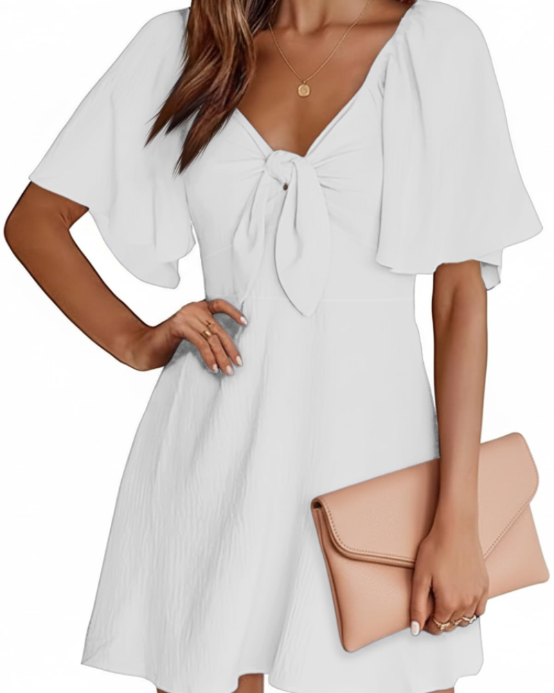 Vestido Mini Sloane Feminino Verão – Decote V Profundo, Mangas Curtas e Laço