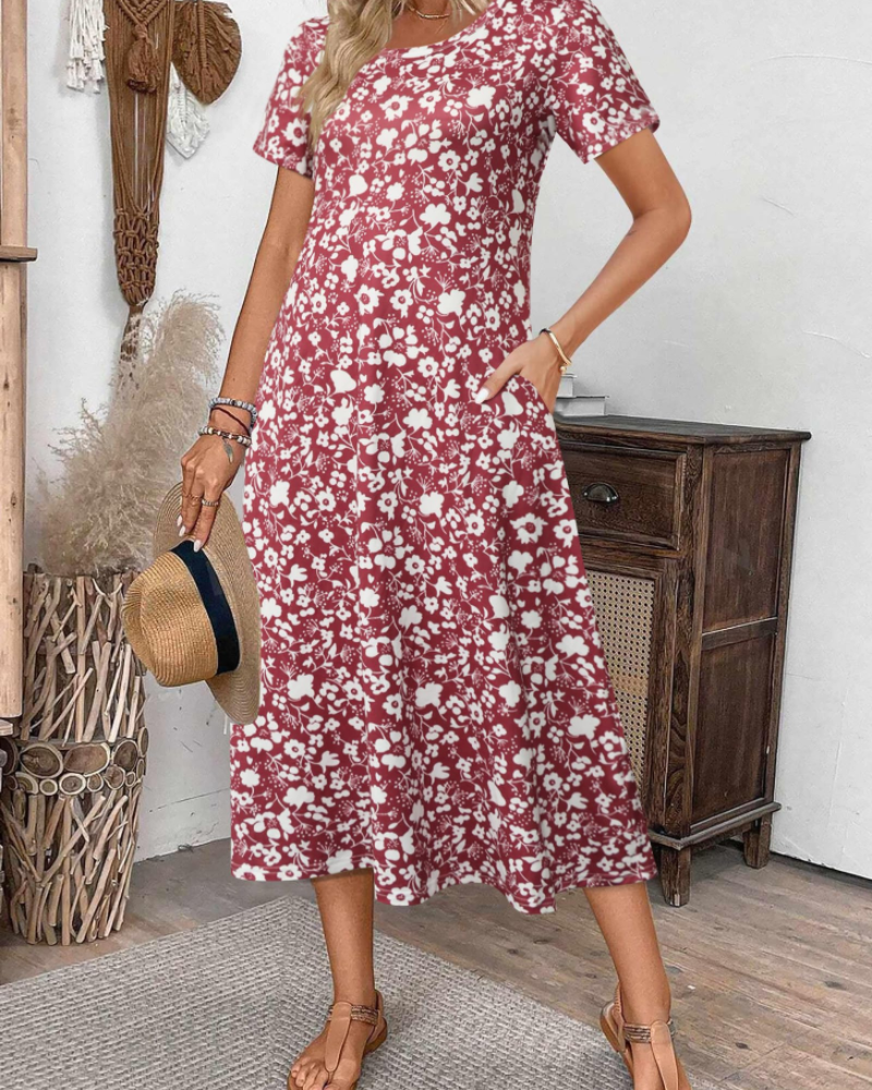 Briony Midikleid mit Blumenmuster für Damen – Kleid mit Rundhalsausschnitt, kurzen Ärmeln und weiter Passform