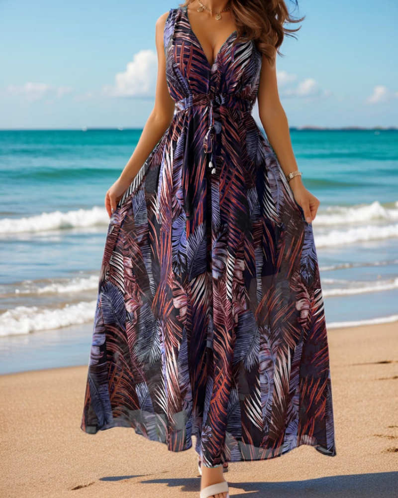 Seraphina Robe Bohème Femme – Robe d'Été Col V Sans Manches avec Cordon