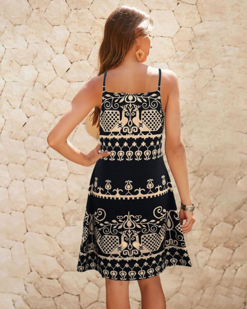 Layla Robe Midi Bohème Femme – Robe Col Halter Imprimé Ethnique d'Été