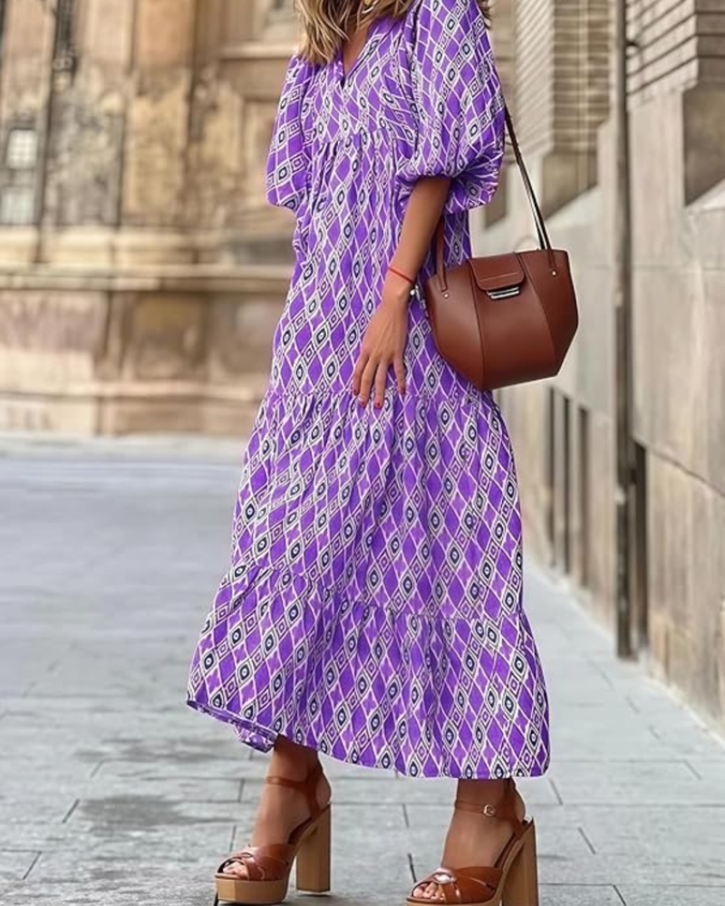 Rina Šaty Boho Femme – Květinový Vzor, Výstřih do V a Lehká Nabíraná Letní Rukávová