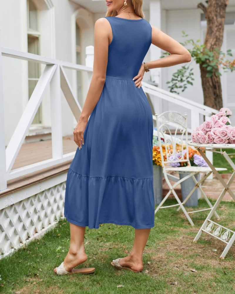 Cara Robe Maxi Femme Été – Sans Manches Col Rond & Poches