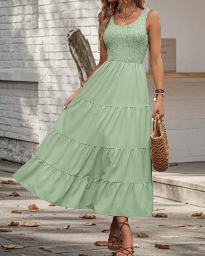 Scarlett Robe Midi Femme – Robe Sans Manches Col Carré à Volants Élégante