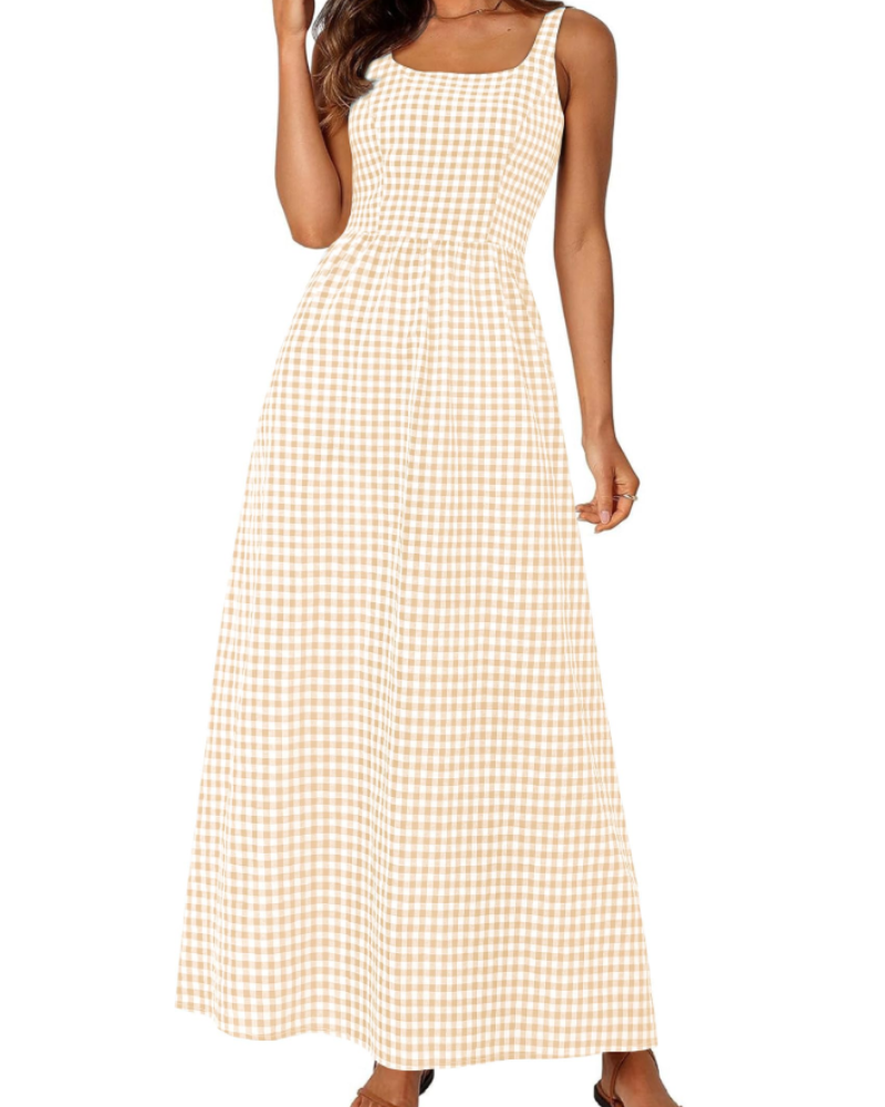 Opely Robe Maxi Femme Carreaux – Col Carré Bretelles & Taille Smockée