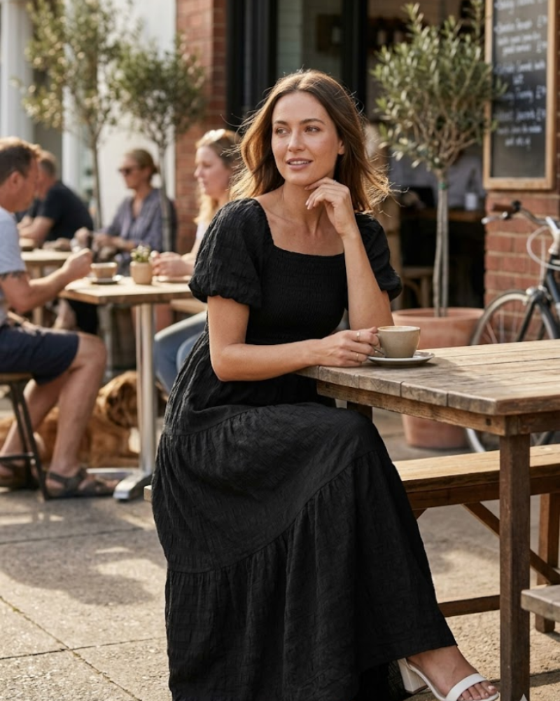 Reese Robe Maxi Femme Été – Maxi šaty s hranatým výstřihem, nařasené, s nabíranými rukávy a lehkými volány