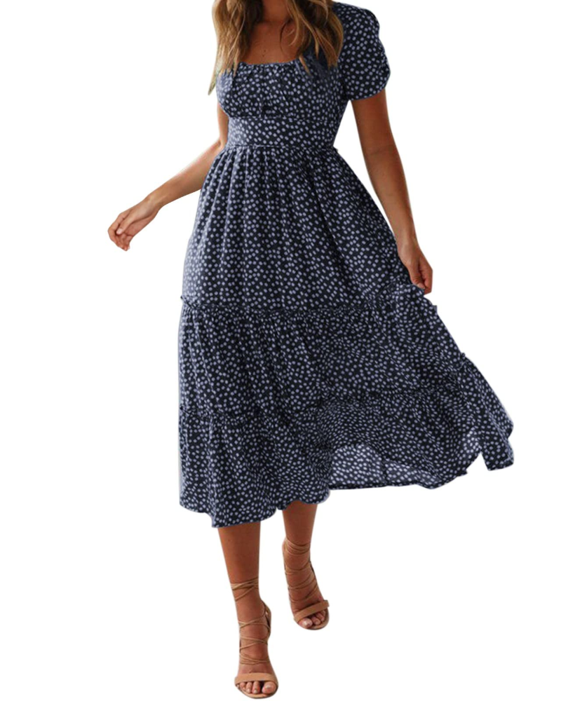 Aria Robe Midi Femme Été – Fleurie Col Carré Manches Volantées