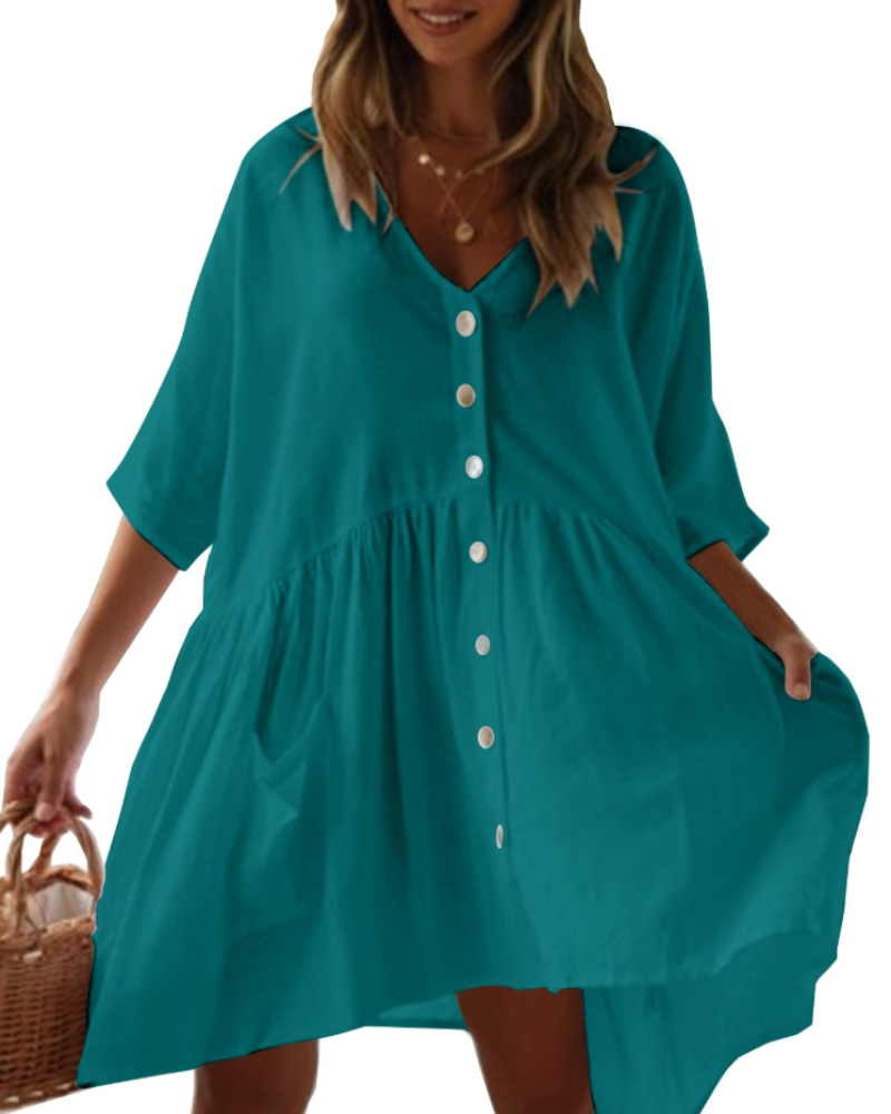 Blythe Dame Strandkjole – Oversized V-hals Kjole med Lommet i Rayon
