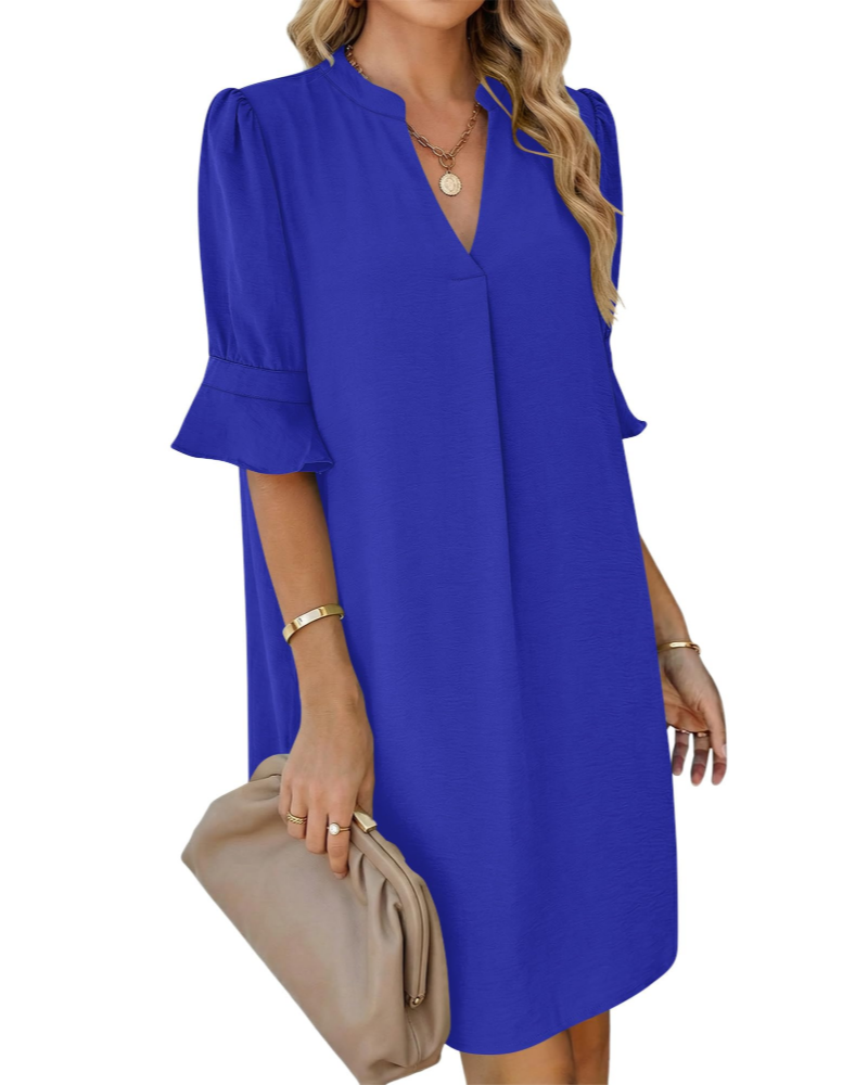 Vestido Ronella para mujer – vestido de verano con cuello en V, corte evasé, bolsillos y mangas con volantes