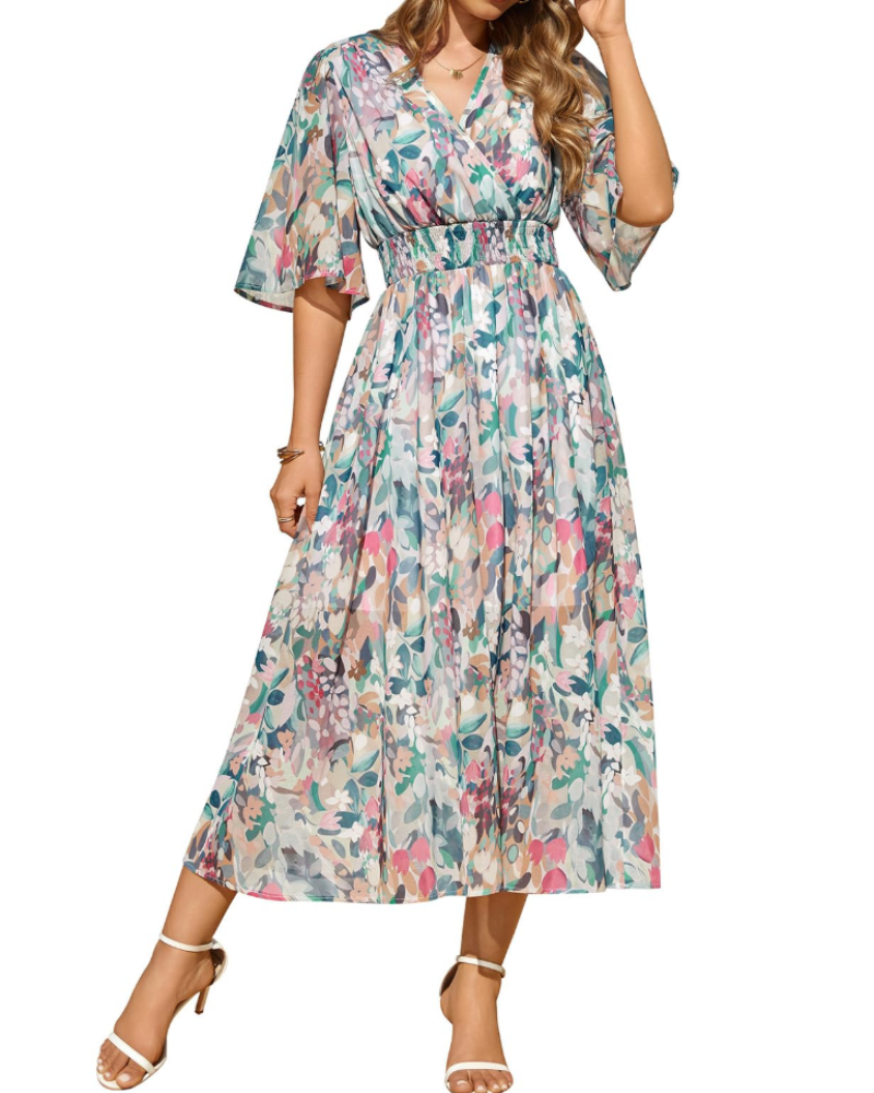 Delilah Robe Bohème Femme – Robe Longue Fleurie Col V Taille Élastique & Manches Cloche