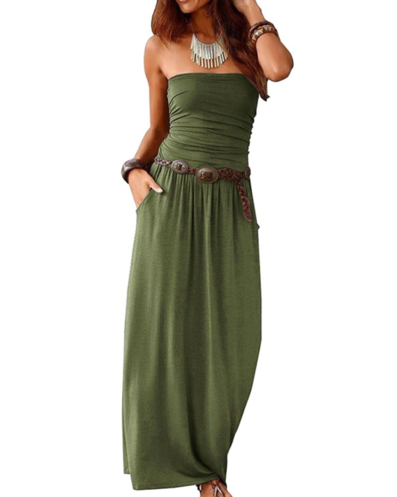 Taylor Maxikleid Damen Sommer – Einfarbiges Boho-Bustier mit Taschen
