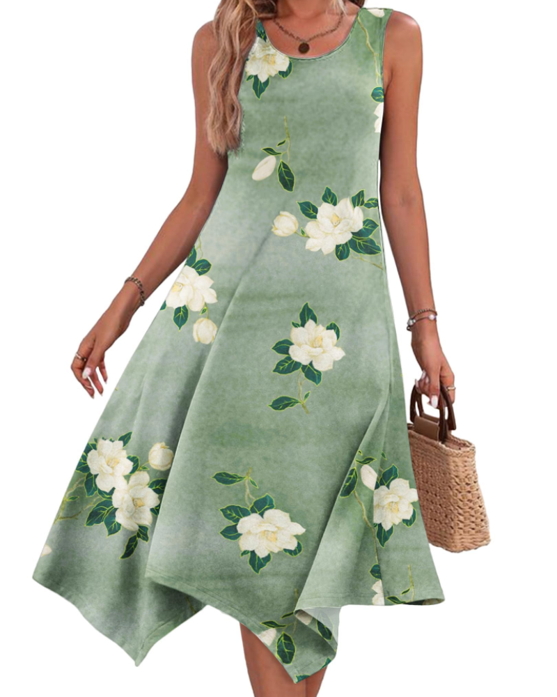 April Midikleid Damen Sommer – Florales Boho Ärmellos & Mit Taschen