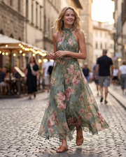 Camille Robe Midi Brodée Femme – Robe Sans Manches Plissée à Ourlet Asymétrique