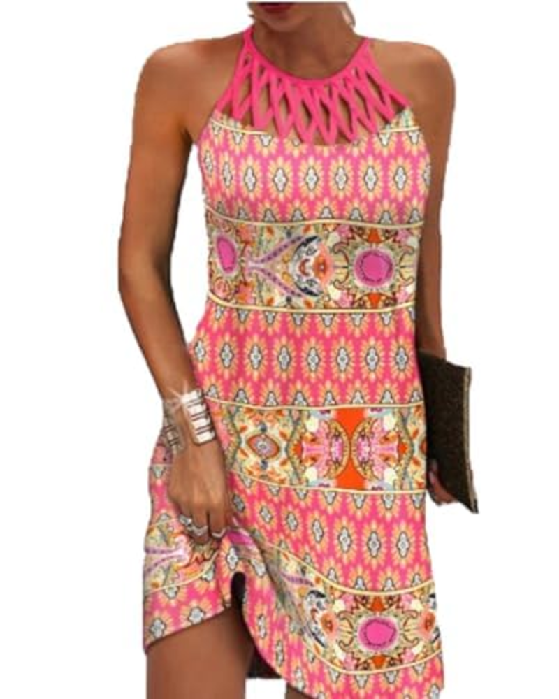 Layla Robe Midi Bohème Femme – Robe Col Halter Imprimé Ethnique d'Été