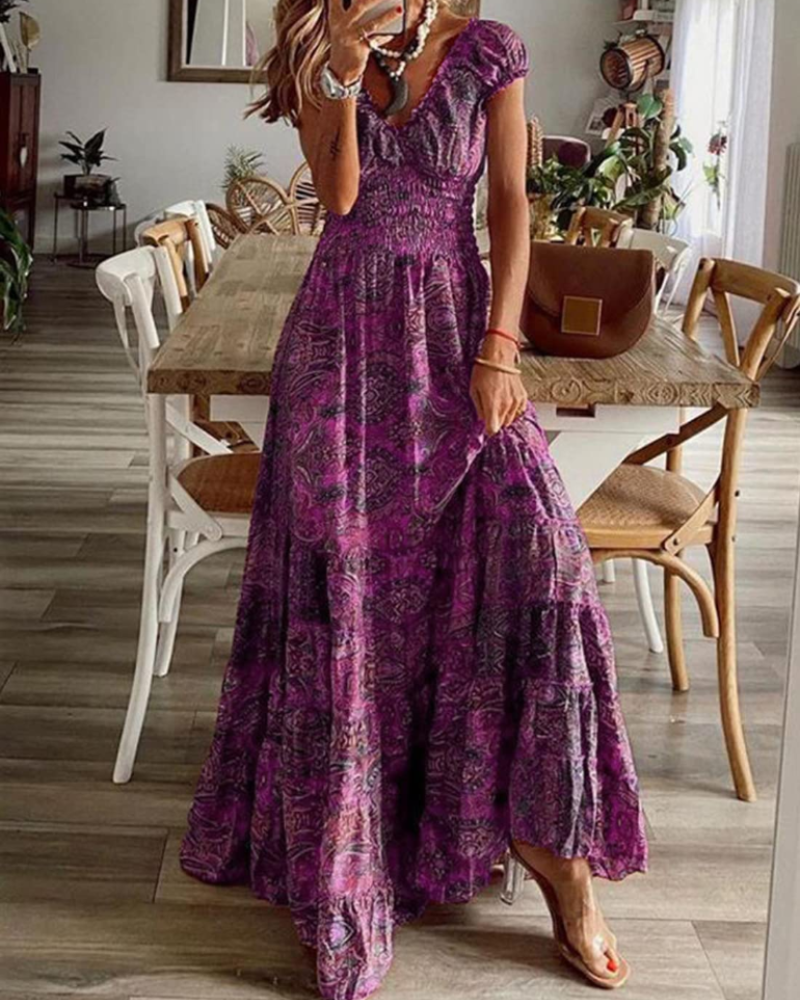 Charl Robe Maxi Femme Été – Fleurie Col V Manches Courtes