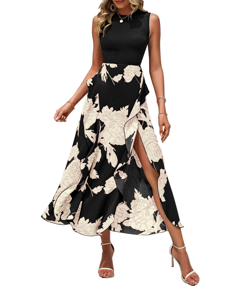 Zoey Midikleid mit Blumenmuster für Damen – ärmelloses Boho-Kleid mit hoher Taille und Volants