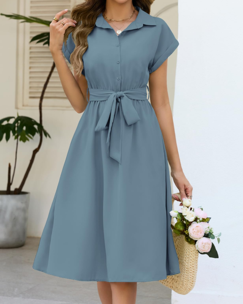 Harriet Robe Chemise Femme Été – Col V Ceinture & Poches