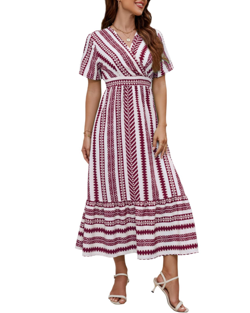 Elsie Damen Sommerkleid – Gestreifter V-Ausschnitt, A-Linien-Schnitt mit Taschen