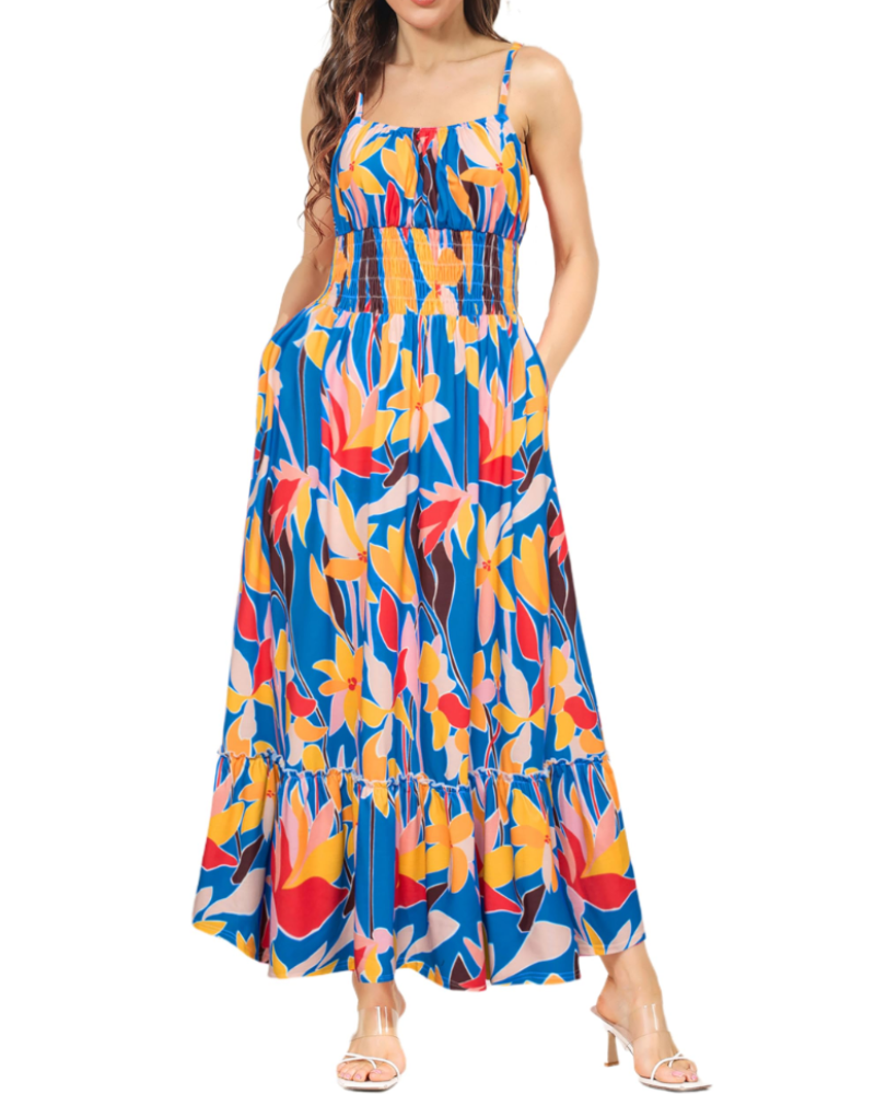 Vestido Maxi Piper para Mulher – Floral Plissado com Alças Finas Ajustáveis